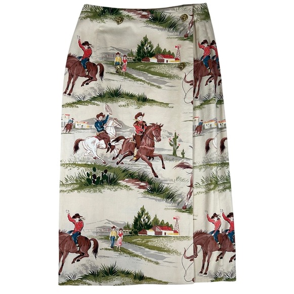 Dresses & Skirts - Vintage Western Cowgirl Horse Novelty Print Wrap Skirt Horse Head Buttons Tan 27